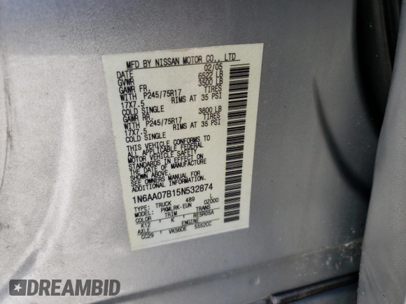 2005 Nissan Titan SE with VIN 1N6AA07B15N532874, listed as a Copart auction lot 45652795 with 217,208 mi miles and Clean Title. Bid and sale history available at carsss.com. Image 12.
