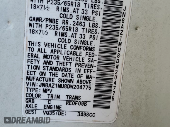 2013 Nissan Murano S with VIN JN8AZ1MU8DW204775, listed as a Copart auction lot 84963904 with 95,655 mi miles and Salvage Title. Bid and sale history available at carsss.com. Image 14.