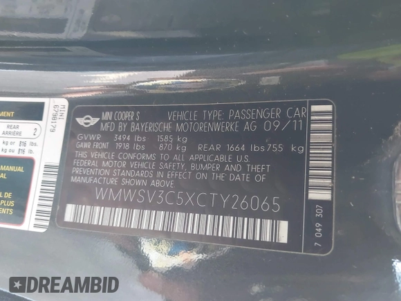 2012 MINI Hardtop S with VIN WMWSV3C5XCTY26065, listed as a IAAI auction lot 41811317 with 74,858 mi miles and . Bid and sale history available at DreamBid. Image 9.