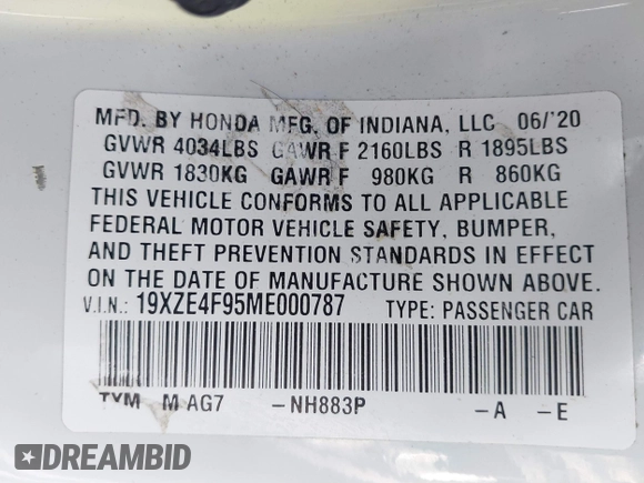 2021 Honda Insight Touring with VIN 19XZE4F95ME000787, listed as a IAAI auction lot 41888840 with 82,173 mi miles and . Bid and sale history available at carsss.com. Image 9.