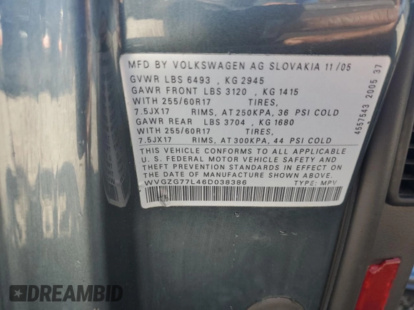 2006 Volkswagen Touareg 3.2L V6 with VIN WVGZG77L46D038386, listed as a Copart auction lot 52767505 with Not Provided miles and Salvage Title. Bid and sale history available at DreamBid. Image 15.