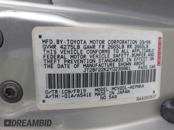 2000 Toyota Camry LE z VIN JT2BF22K2Y0239961, wystawiony jako IAAI lot #42128226 z przebiegiem 154 691 mil mil oraz . Historia ofert i sprzedaży dostępna na DreamBid. Obrazek 9.