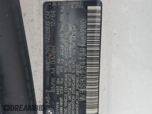 2005 BMW 3 Series M3 with VIN WBSBL93445PN61280, listed as a Copart auction lot 74496654 with Not Provided miles and Salvage Title. Bid and sale history available at carsss.com. Image 13.