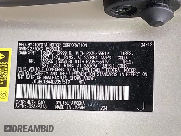 2013 Lexus RX 450h with VIN JTJBC1BA4D2051519, listed as a IAAI auction lot 42581660 with 128,839 mi miles and . Bid and sale history available at DreamBid. Image 9.