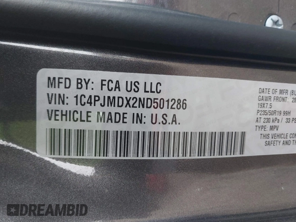 2022 Jeep Cherokee Limited with VIN 1C4PJMDX2ND501286, listed as a IAAI auction lot 41196619 with 54,975 mi miles and . Bid and sale history available at DreamBid. Image 9.