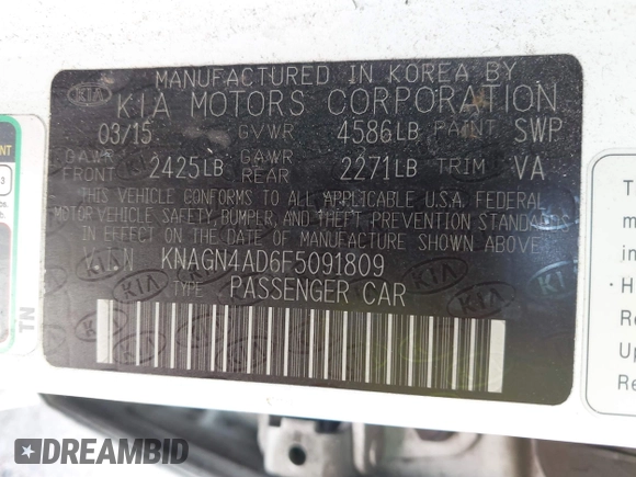 2015 Kia Optima EX with VIN KNAGN4AD6F5091809, listed as a IAAI auction lot 42257458 with 104,819 mi miles and . Bid and sale history available at DreamBid. Image 9.