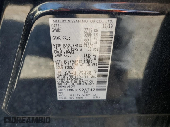 2020 Infiniti QX60 Luxe with VIN 5N1DL0MM2LC528742, listed as a Copart auction lot 56390605 with 66,786 mi miles and Salvage title. Bid and sale history available at DreamBid. Image 13.