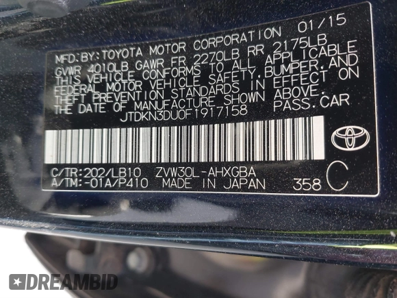 2015 Toyota Prius Four with VIN JTDKN3DU0F1917158, listed as a IAAI auction lot 40918041 with 238,024 mi miles. Bid and sale history available at carsss.com. Image 9.
