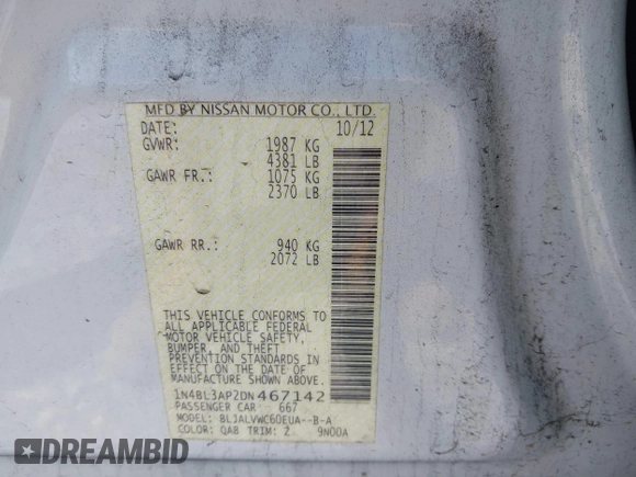 2013 Nissan Altima SV with VIN 1N4BL3AP2DN467142, listed as a IAAI auction lot 42227652 with 120,588 mi miles and . Bid and sale history available at DreamBid. Image 9.