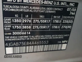 2004 Mercedes-Benz M-Class 5.0L with VIN 4JGAB75E84A465553, listed as a Copart auction lot 64187274 with 96,844 mi miles and Salvage Title. Bid and sale history available at carsss.com. Image 14.