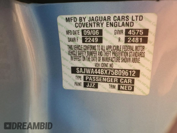 2007 Jaguar XK with VIN SAJWA44BX75B09612, listed as a Copart auction lot 75139114 with 86,094 mi miles and Salvage Title. Bid and sale history available at carsss.com. Image 14.