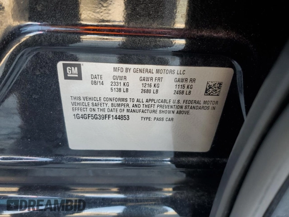 2015 Buick LaCrosse Premium II with VIN 1G4GF5G39FF144853, listed as a Copart auction lot 46542055 with 80,938 mi miles and Salvage Title. Bid and sale history available at DreamBid. Image 14.