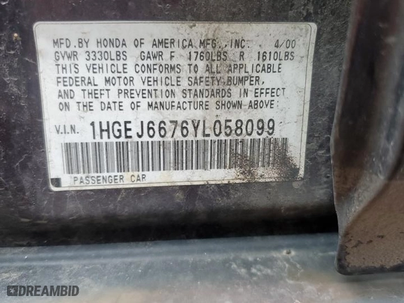 2000 Honda Civic LX with VIN 1HGEJ6676YL058099, listed as a Copart auction lot 51140985 with 151,831 mi miles and Salvage Title. Bid and sale history available at carsss.com. Image 12.