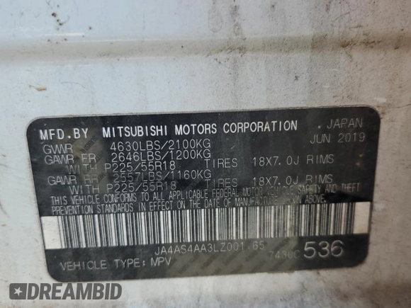 2020 Mitsubishi Eclipse Cross LE with VIN JA4AS4AA3LZ001165, listed as a Copart auction lot 50516455 with 92,700 mi miles and Salvage title. Bid and sale history available at DreamBid. Image 15.