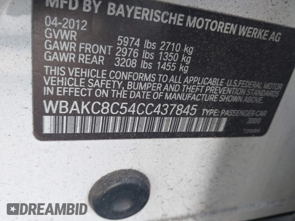 2012 BMW 7 Series 750Li xDrive with VIN WBAKC8C54CC437845, listed as a IAAI auction lot 41691478 with Not provided miles and . Bid and sale history available at DreamBid. Image 9.