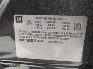 2012 Chevrolet Cruze LTZ with VIN 1G1PH5SC2C7379938, listed as a IAAI auction lot 42057593 with 86,250 mi miles. Bid and sale history available at carsss.com. Image 9.