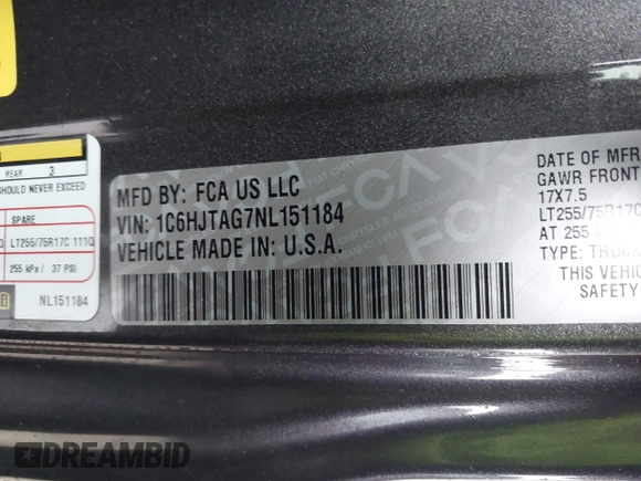 2022 Jeep Gladiator Texas Trail with VIN 1C6HJTAG7NL151184, listed as a IAAI auction lot 41614573 with 50,169 mi miles. Bid and sale history available at carsss.com. Image 9.