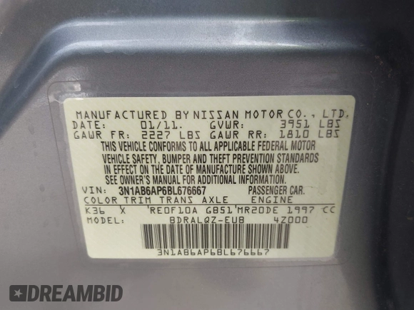2011 Nissan Sentra S with VIN 3N1AB6AP6BL676667, listed as a IAAI auction lot 41597167 with 96,724 mi miles and . Bid and sale history available at DreamBid. Image 9.