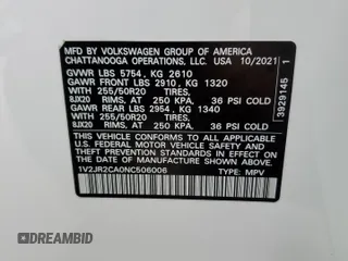 2022 Volkswagen Atlas SE z VIN 1V2JR2CA0NC506006, wystawiony jako Copart lot #55696745 z przebiegiem 38 526 mil mil oraz Nie do naprawy • Non repairable. Historia ofert i sprzedaży dostępna na DreamBid. Obrazek 14.