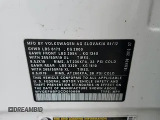 2012 Volkswagen Touareg Sport with VIN WVGEF9BP2CD010668, listed as a Copart auction lot 55306485 with 166,255 mi miles and Clean Title. Bid and sale history available at DreamBid. Image 13.