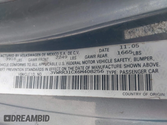 2006 Volkswagen Beetle with VIN 3VWRR31CX6M408256, listed as a IAAI auction lot 42034806 with Not Provided miles and . Bid and sale history available at DreamBid. Image 9.