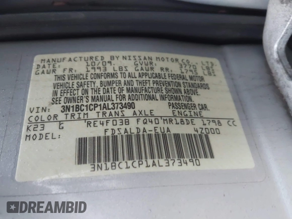 2010 Nissan Versa S with VIN 3N1BC1CP1AL373490, listed as a IAAI auction lot 41481127 with 82,941 mi miles and . Bid and sale history available at DreamBid. Image 9.