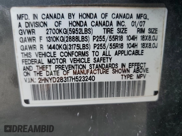 2007 Acura MDX Tech Pkg with VIN 2HNYD28317H523240, listed as a Copart auction lot 55275295 with 205,768 mi miles and Clean Title. Bid and sale history available at carsss.com. Image 13.