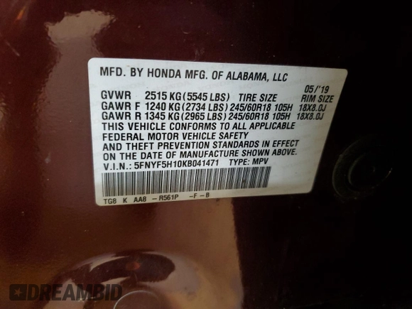 2019 Honda Pilot LX with VIN 5FNYF5H10KB041471, listed as a Copart auction lot 46479615 with 61,513 mi miles and Clean Title. Bid and sale history available at DreamBid. Image 13.