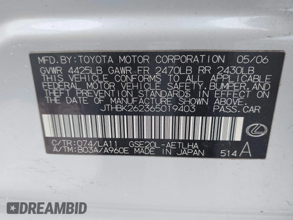 2006 Lexus IS 250 with VIN JTHBK262365019403, listed as a IAAI auction lot 41593985 with 111,038 mi miles and . Bid and sale history available at DreamBid. Image 9.