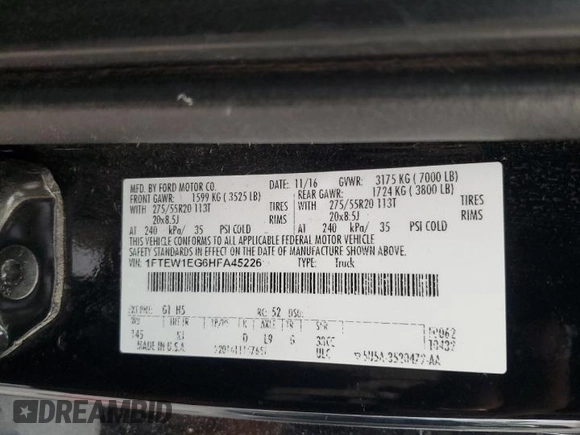2017 Ford F-150 XL with VIN 1FTEW1EG6HFA45226, listed as a Copart auction lot 53500875 with Not provided miles and Salvage title. Bid and sale history available at DreamBid. Image 12.