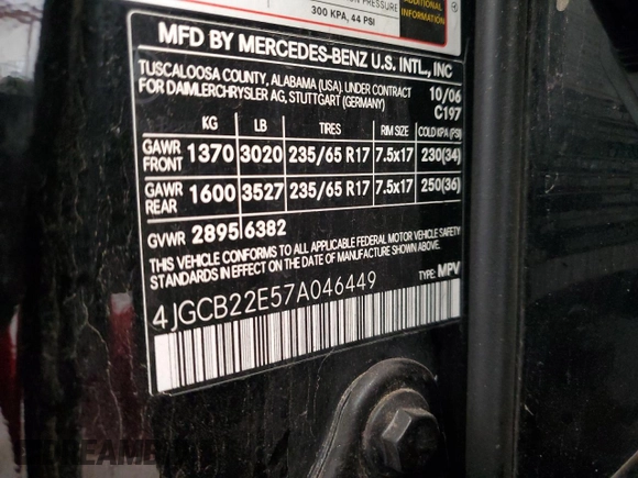 2007 Mercedes-Benz R 3.0L with VIN 4JGCB22E57A046449, listed as a Copart auction lot 76308004 with 230,433 mi miles and Salvage title. Bid and sale history available at DreamBid. Image 13.