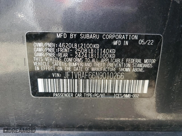 2022 Subaru WRX Premium with VIN JF1VBAF66N9010266, listed as a Copart auction lot 44465905 with 52,992 mi miles and Salvage Title. Bid and sale history available at carsss.com. Image 12.