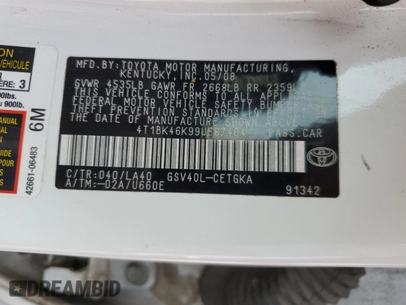 2009 Toyota Camry LE z VIN 4T1BK46K99U587464, wystawiony jako Copart lot #59171995 z przebiegiem 200 152 mil mil oraz Szkoda całkowita • Salvage title. Historia ofert i sprzedaży dostępna na DreamBid. Obrazek 13.