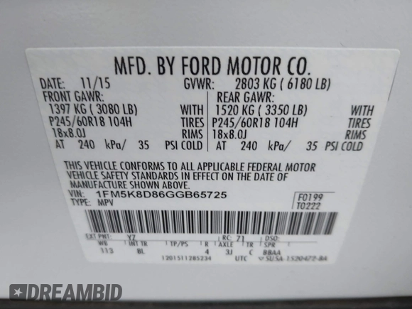 2016 Ford Explorer XLT with VIN 1FM5K8D86GGB65725, listed as a IAAI auction lot 41857272 with 91,410 mi miles. Bid and sale history available at carsss.com. Image 9.