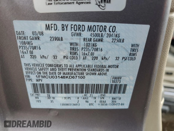 2008 Ford Escape XLT z VIN 1FMCU03148KD67100, wystawiony jako Copart lot #48525425 z przebiegiem 182 122 mil mil oraz Szkoda całkowita • Salvage title. Historia ofert i sprzedaży dostępna na DreamBid. Obrazek 13.