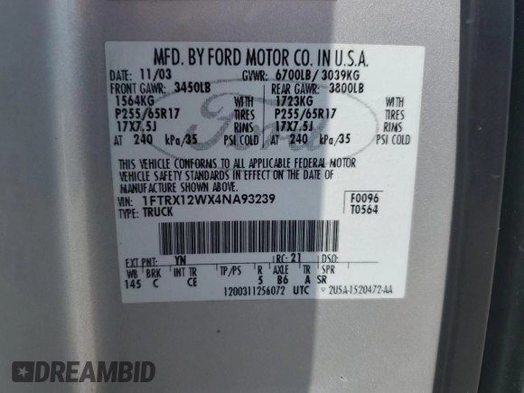 2004 Ford F-150 STX z VIN 1FTRX12WX4NA93239, wystawiony jako Copart lot #60365685 z przebiegiem 248 470 mil mil oraz Czysty tytuł • Clean title. Historia ofert i sprzedaży dostępna na DreamBid. Obrazek 12.