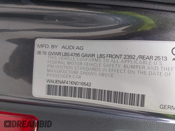 2019 Audi A4 Premium Plus z VIN WAUENAF41KN016542, wystawiony jako IAAI lot #42176172 z przebiegiem 87 233 mil mil oraz . Historia ofert i sprzedaży dostępna na DreamBid. Obrazek 9.