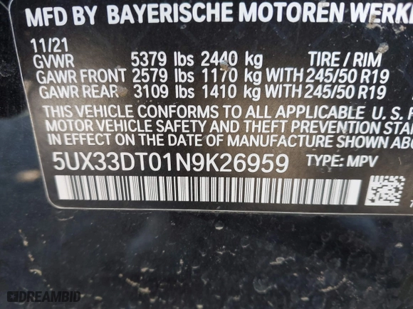2022 BMW X4 xDrive30i with VIN 5UX33DT01N9K26959, listed as a IAAI auction lot 41835053 with 39,685 mi miles. Bid and sale history available at carsss.com. Image 9.