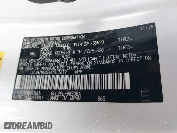 2017 Lexus RX with VIN JTJBZMCA8H2017619, listed as a IAAI auction lot 41953769 with 130,164 mi miles. Bid and sale history available at carsss.com. Image 9.