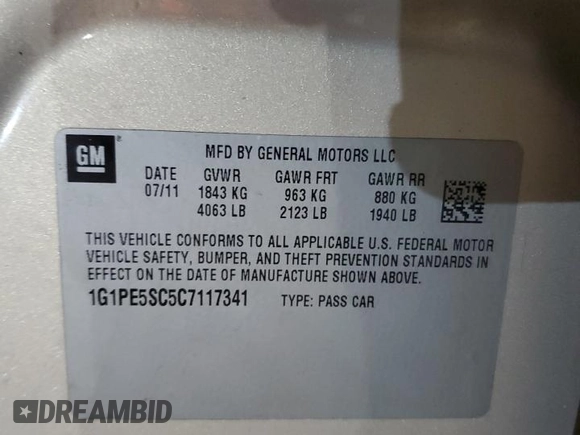 2012 Chevrolet Cruze 1FL with VIN 1G1PE5SC5C7117341, listed as a Copart auction lot 45632215 with 120,954 mi miles and Salvage Title. Bid and sale history available at DreamBid. Image 12.