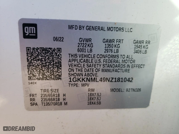 2022 GMC Acadia SLT with VIN 1GKKNML49NZ181042, listed as a Copart auction lot 44181015 with 54,972 mi miles and Salvage Title. Bid and sale history available at carsss.com. Image 14.