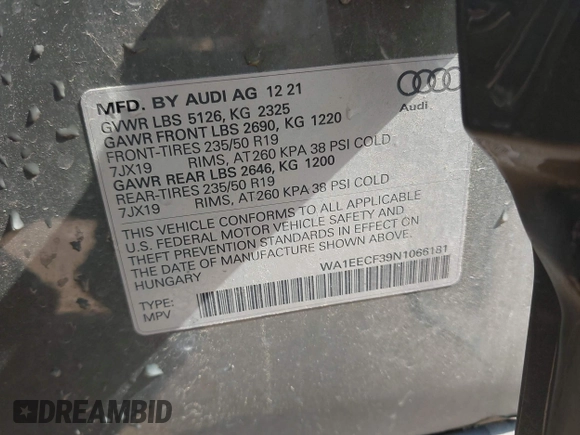 2022 Audi Q3 S line Premium Plus z VIN WA1EECF39N1066181, wystawiony jako IAAI lot #42570617 z przebiegiem 33 066 mil mil oraz . Historia ofert i sprzedaży dostępna na DreamBid. Obrazek 9.