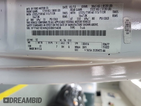 2013 Ford Econoline Cargo Commercial with VIN 1FTNE1EW6DDB01438, listed as a IAAI auction lot 42737683 with 125,160 mi miles and . Bid and sale history available at DreamBid. Image 10.