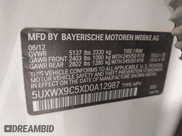 2013 BMW X3 xDrive28i with VIN 5UXWX9C5XD0A12987, listed as a IAAI auction lot 42247181 with 185,235 mi miles and . Bid and sale history available at DreamBid. Image 9.
