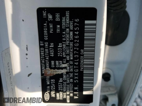 2018 Kia Optima LX with VIN 5XXGT4L37JG264576, listed as a Copart auction lot 62174575 with 153,885 mi miles and Salvage title. Bid and sale history available at DreamBid. Image 12.