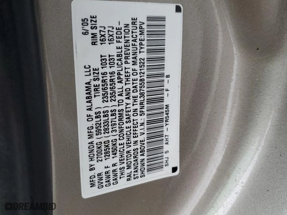 2005 Honda Odyssey EX-L with VIN 5FNRL38755B121522, listed as a Copart auction lot 49653105 with 272,254 mi miles and Salvage Title. Bid and sale history available at carsss.com. Image 14.