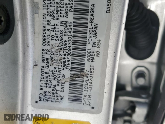 2002 Lexus ES 300 with VIN JTHBF30G420014345, listed as a Copart auction lot 57890135 with 153,695 mi miles and Salvage title. Bid and sale history available at DreamBid. Image 12.