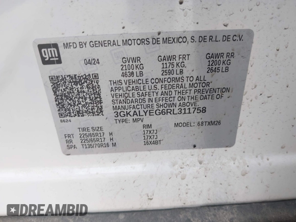 2024 GMC Terrain AT4 with VIN 3GKALYEG6RL311758, listed as a IAAI auction lot 42278713 with 14,701 mi miles and . Bid and sale history available at DreamBid. Image 9.