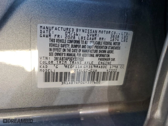 2016 Nissan Sentra SL with VIN 3N1AB7AP0GY337600, listed as a Copart auction lot 50371265 with 82,043 mi miles and Salvage Title. Bid and sale history available at carsss.com. Image 14.