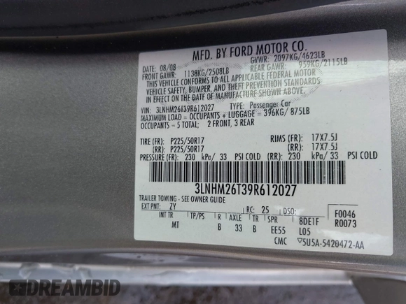 2009 Lincoln MKZ z VIN 3LNHM26T39R612027, wystawiony jako IAAI lot #42286784 z przebiegiem 1 088 138 mil mil oraz . Historia ofert i sprzedaży dostępna na DreamBid. Obrazek 9.